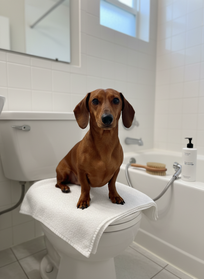 A smooth-coated dachshund sitting patiently in a spotless bathroom, perched on a thick, white towel spread over a closed toilet lid, its nails freshly trimmed and coat gleaming from a recent bath. A handheld shower sprayer, natural-bristle brush, and unscented shampoo bottle sit neatly organized on the nearby tub edge, demonstrating a thoughtful house call grooming setup in a small Osprey or Nokomis home. Soft, diffused overhead lighting and a hint of natural light from a frosted window combine to eliminate harsh shadows, creating a clean, clinical yet comforting mood. Photographic realism with a centered, slightly elevated composition keeps the dachshund’s shiny coat and calm expression in sharp focus, while the tiled walls and simple bathroom fixtures remain softly detailed, emphasizing professionalism in any size home.