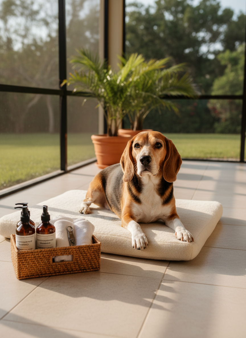 A relaxed senior beagle lying on a cushioned grooming mat in a sunlit Florida lanai, freshly groomed with a smooth, shiny coat and trimmed nails. Next to the dog, a compact grooming caddy neatly holds hypoallergenic shampoos, nail clippers, and soft towels, illustrating careful, gentle house call grooming tailored to older dogs. Natural golden hour light filters through screened windows, casting warm highlights on the dog’s face and creating long, soft shadows across the tile floor. Photographic realism with a wide-angle, slightly low perspective captures the beagle in sharp focus while potted palms and a hint of a Lakewood Ranch backyard softly blur behind, creating a peaceful, reassuring mood ideal for anxious or senior pets.