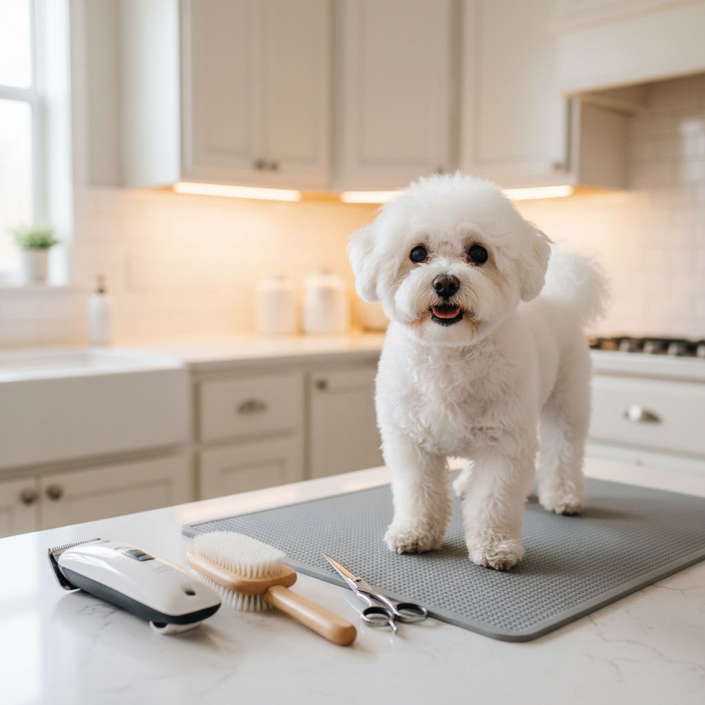 A small, fluffy white bichon frise standing on a non-slip grooming table pad placed in a tidy kitchen, its coat perfectly fluffed and eyes bright after a full groom. A compact, cordless clipper, soft bristle brush, and stainless-steel grooming scissors rest nearby on the counter, all meticulously clean and organized, suggesting a professional, mobile groomer setup. Warm, diffused indoor lighting from under-cabinet LEDs and a nearby window combines to create a soft, inviting glow, highlighting the texture of the dog’s fur. Shot in photographic realism from a slightly elevated angle, with the dog placed on the rule of thirds, the background kitchen cabinets and decor in neutral tones gently blur, evoking a sense of calm, safety, and individualized in-home grooming service.