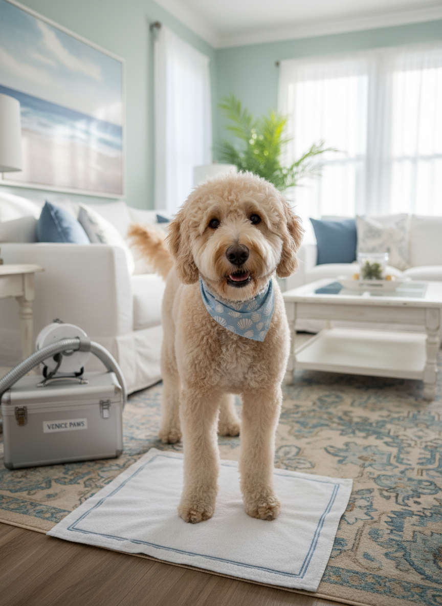 A cheerful, freshly groomed doodle with a perfectly shaped, curly coat standing proudly in a bright, coastal-style living room in Venice, Florida. The dog wears a simple, elegant bandana and stands on a folded, absorbent grooming towel laid over the homeowner’s rug, showing respect for the home environment. Nearby, a portable, quiet grooming dryer and a sleek grooming toolbox sit neatly closed, indicating a finished, professional in-home session. Soft morning light streams through sheer curtains, creating a clean, airy atmosphere with subtle reflections on any metal surfaces. Captured in photographic realism at eye level with a shallow depth of field, the dog’s expressive eyes and textured curls are in crisp focus, while soft blue and white decor gently fades into the background, projecting a polished yet warm, at-home spa feel.