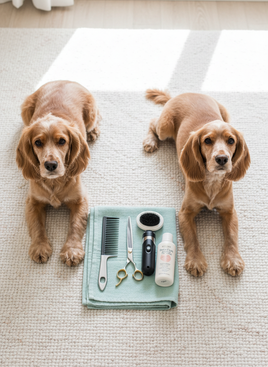 A side-by-side, top-down photographic scene showing two grooming stages on a large, neutral rug: on the left, a slightly scruffy cocker spaniel with longer fur, and on the right, the same dog freshly groomed with a neat trim and clean, feathered ears. Between the two, a neatly arranged set of portable grooming tools, including a comb, scissors, nail grinder, and travel-sized shampoo, lies on a folded towel, representing the full house call grooming process. Soft, even window light from above-right creates minimal shadows and consistent color, ideal for clearly showing before-and-after detail. The photographic realism, balanced composition, and gentle Sarasota-coastal color palette combine to create a clear, educational, and reassuring visual for clients considering in-home grooming services.